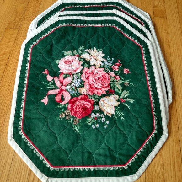 Vintage Quilted Placemats Pink Rose Green Set of 5 Handmade Dining Place Mats - Picture 2 of 16